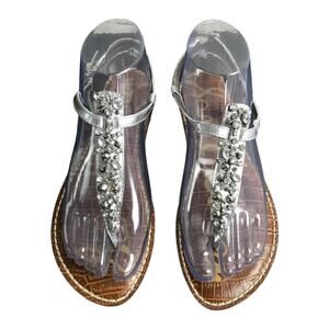 Sam Edelman Women's Gwyneth Thong Silver Leather Gemmed Flat Sandals Sz 7.5
